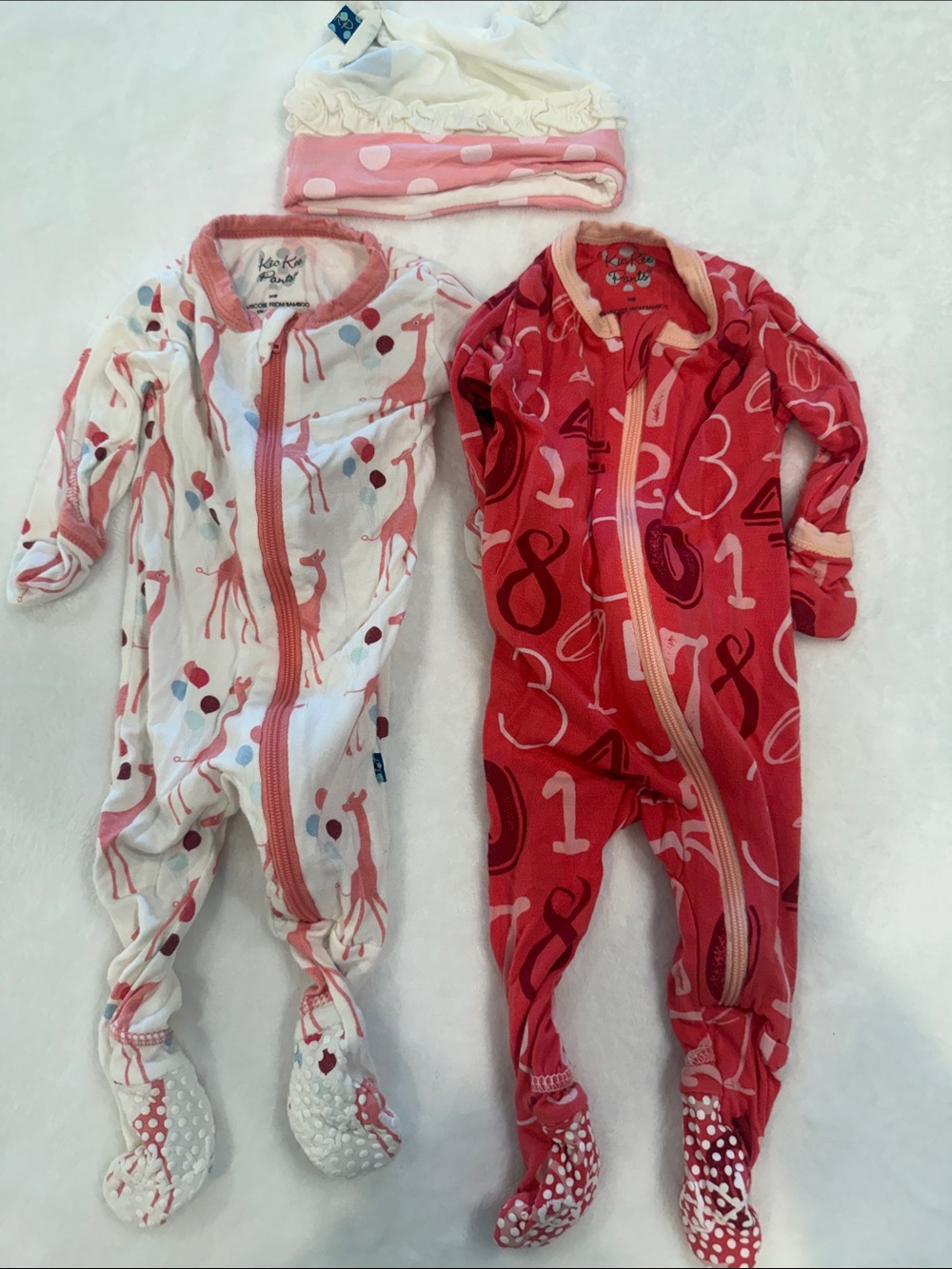 Set of 2 KicKee Pants Footed Zipper Pajamas & 1 KicKee Hat